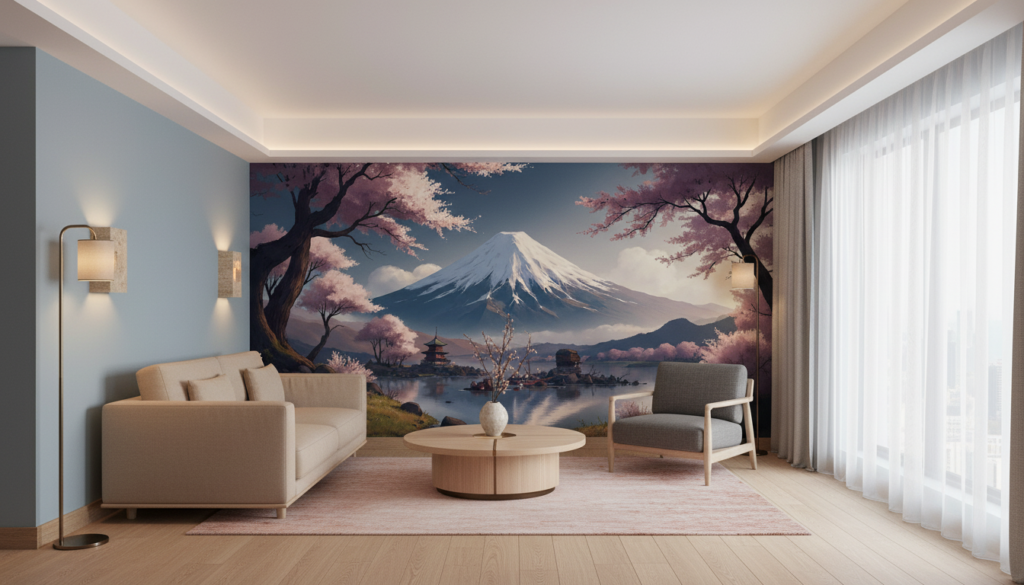 Papier Peint Mont Fuji et Cerisiers en Fleurs Japonais - Hôtel