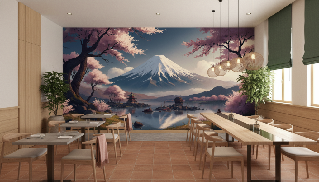 Papier Peint Mont Fuji et Cerisiers en Fleurs Japonais - Restaurant