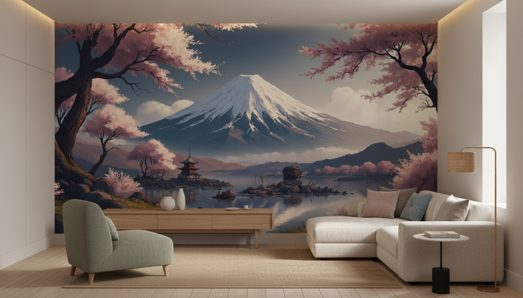 Papier Peint Mont Fuji et Cerisiers en Fleurs Japonais - Salon / Séjour