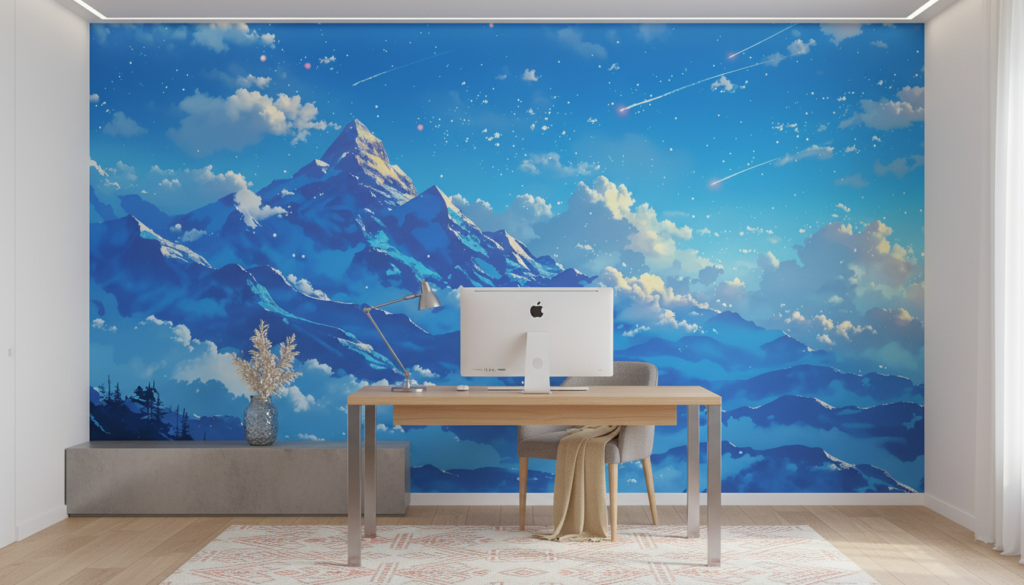 Papier Peint Montagne Céleste avec Météores et Nuages Fantastiques - Bureau