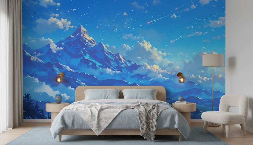 Papier Peint Montagne Céleste avec Météores et Nuages Fantastiques - Chambre adulte