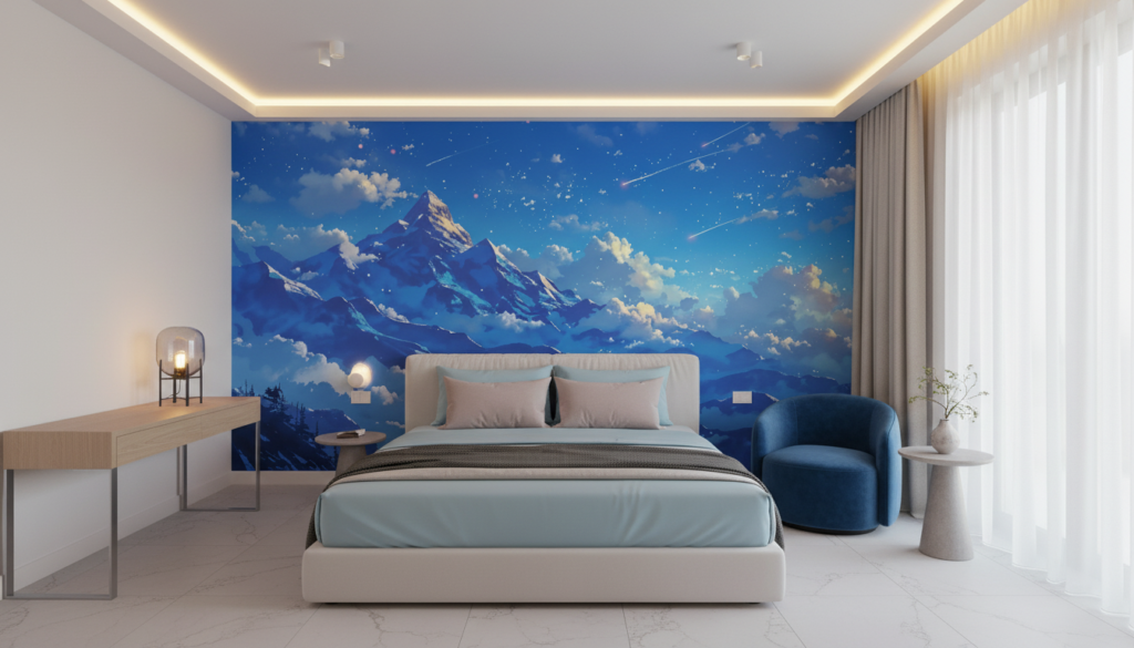 Papier Peint Montagne Céleste avec Météores et Nuages Fantastiques - Hôtel