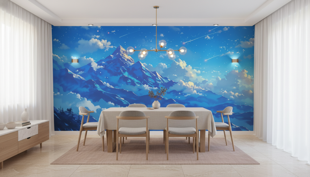 Papier Peint Montagne Céleste avec Météores et Nuages Fantastiques - Salle à manger