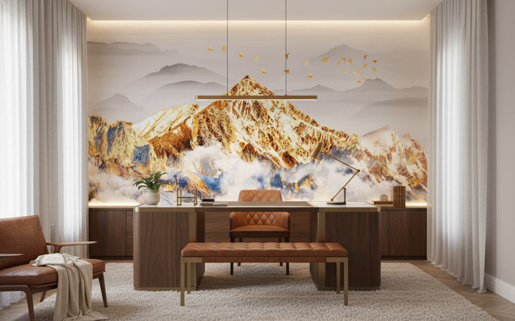 Papier peint montagne dorée avec nuages et oiseaux en vol - Bureau