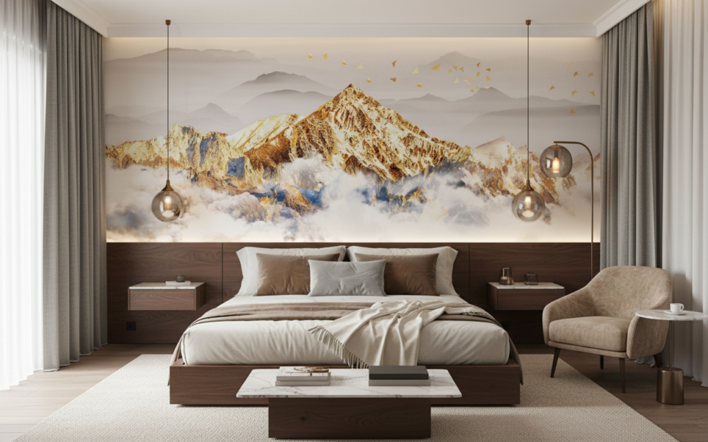 Papier peint montagne dorée avec nuages et oiseaux en vol - Chambre adulte