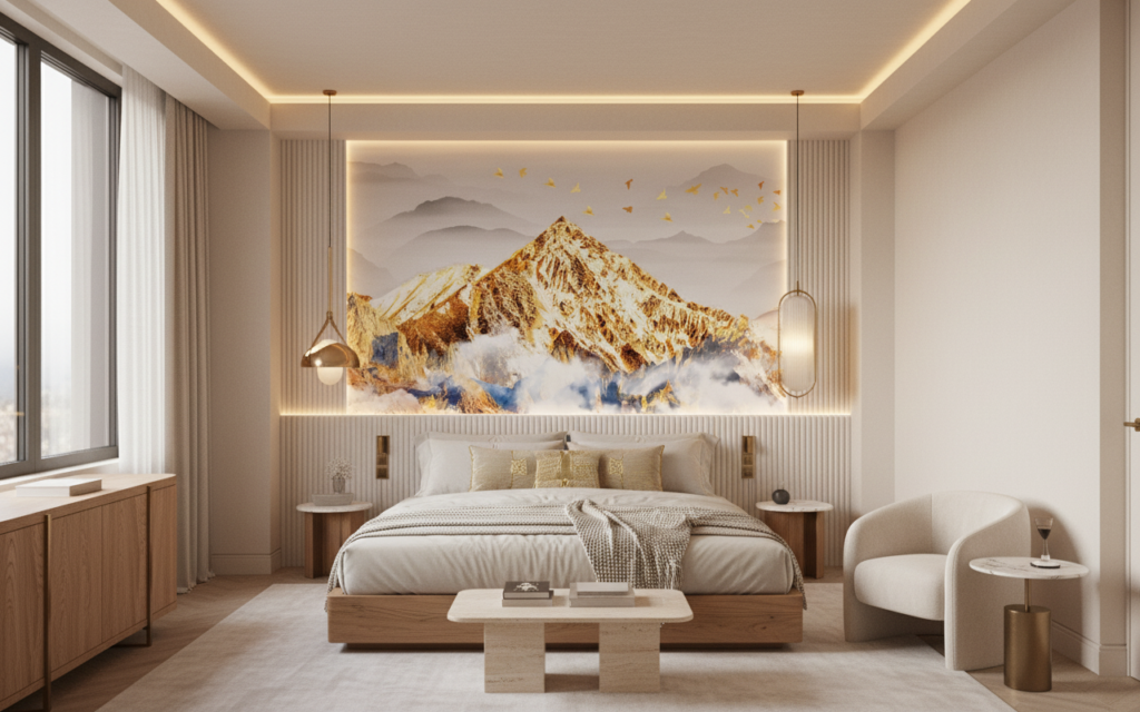 Papier peint montagne dorée avec nuages et oiseaux en vol - Hôtel