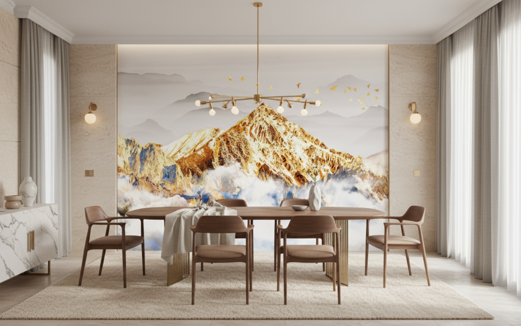 Papier peint montagne dorée avec nuages et oiseaux en vol - Salle à manger