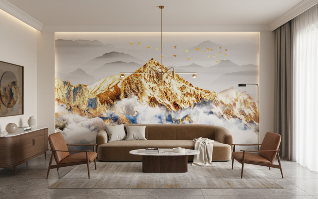 Papier peint montagne dorée avec nuages et oiseaux en vol - Salon / Séjour