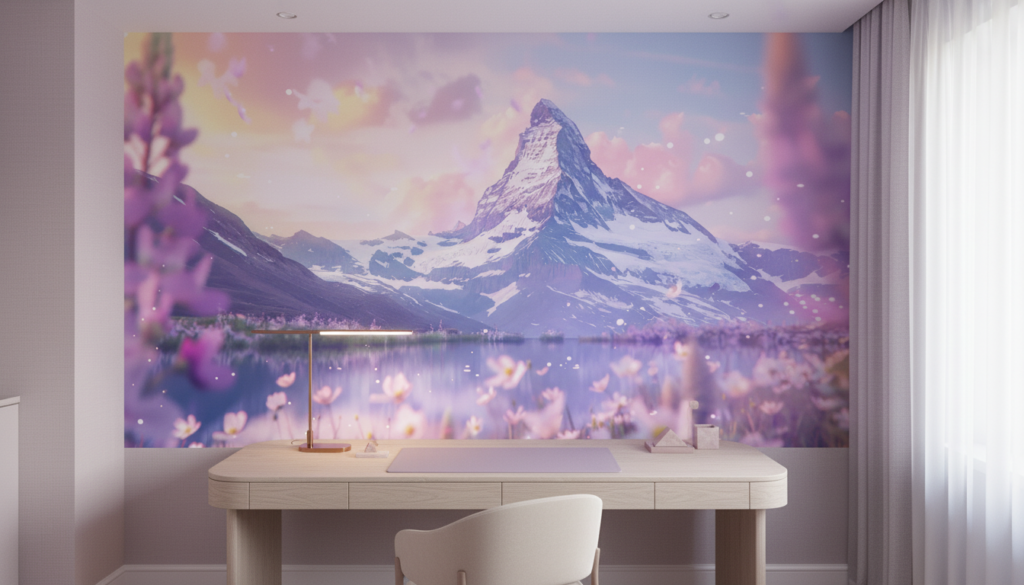 Papier Peint Montagne Matterhorn Reflets Fleurs Roses Ambiance Féerique - Bureau