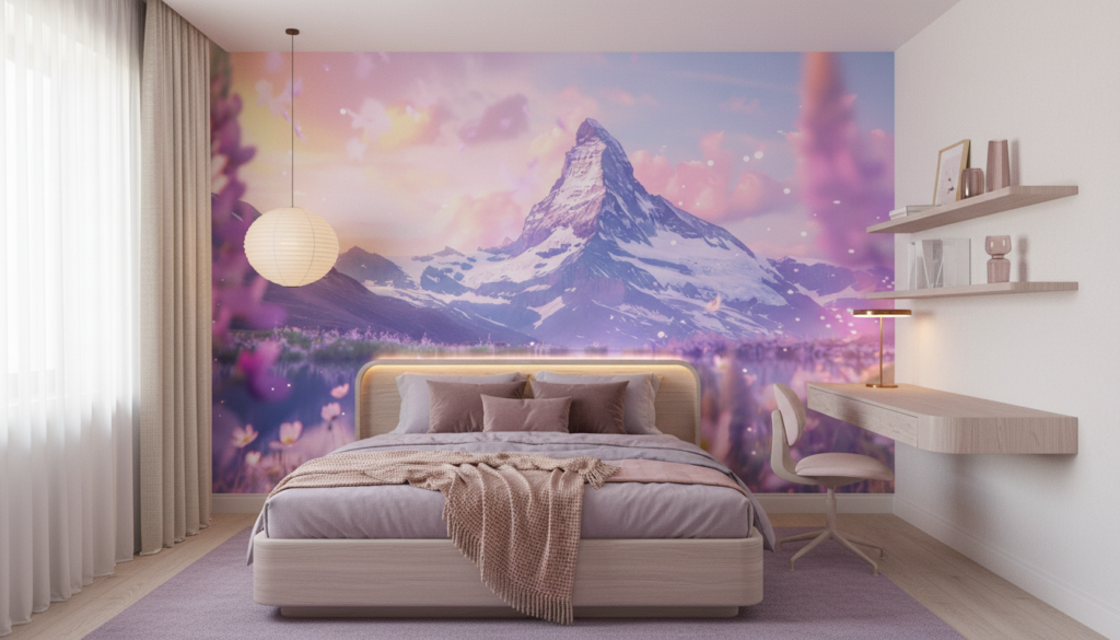 Papier Peint Montagne Matterhorn Reflets Fleurs Roses Ambiance Féerique - Chambre ado