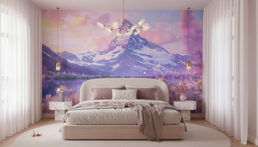 Papier Peint Montagne Matterhorn Reflets Fleurs Roses Ambiance Féerique - Chambre adulte