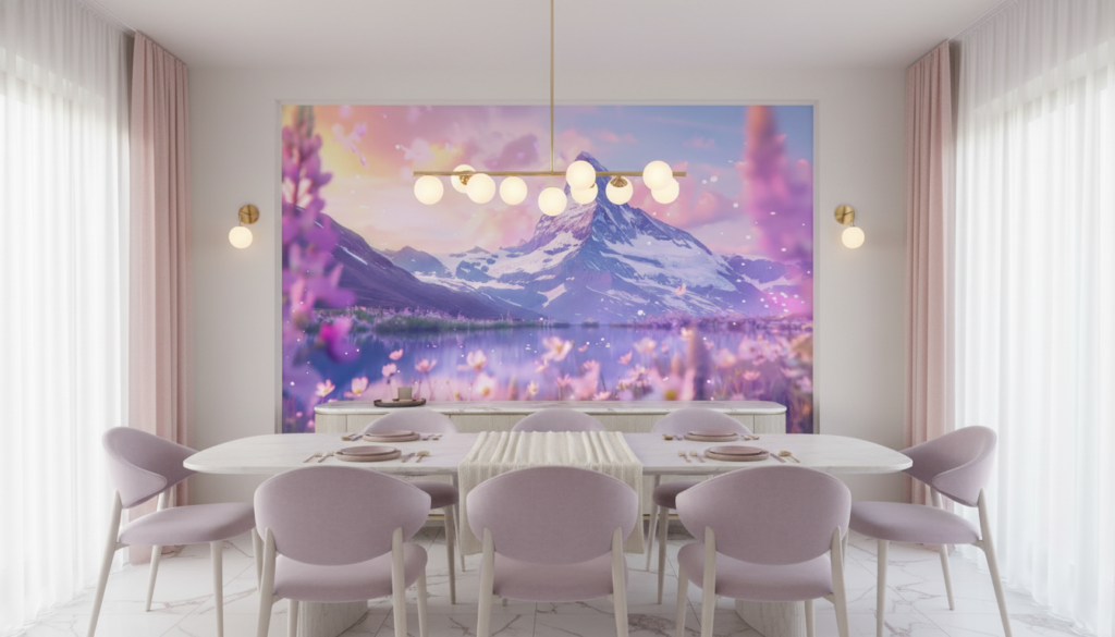 Papier Peint Montagne Matterhorn Reflets Fleurs Roses Ambiance Féerique - Salle à manger