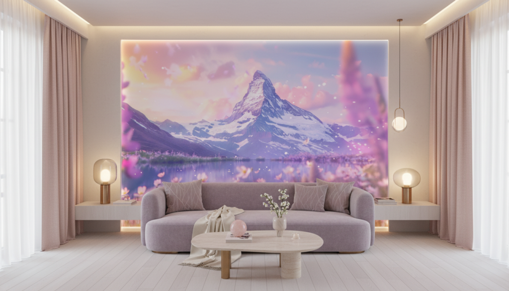 Papier Peint Montagne Matterhorn Reflets Fleurs Roses Ambiance Féerique - Salon / Séjour