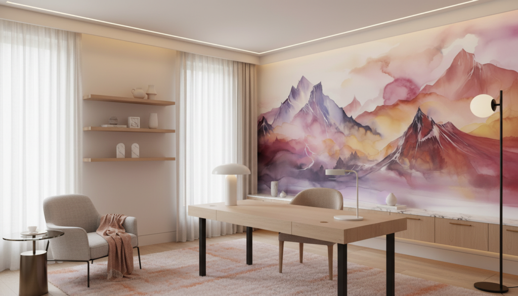 Papier peint montagnes aquarelle aux teintes pastel roses et violettes - Bureau