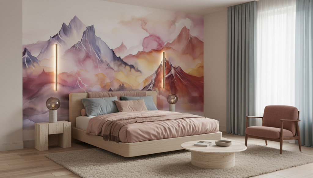 Papier peint montagnes aquarelle aux teintes pastel roses et violettes - Chambre adulte