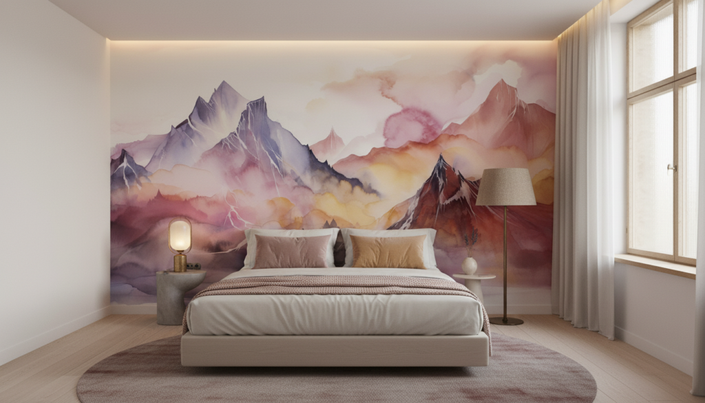 Papier peint montagnes aquarelle aux teintes pastel roses et violettes - Hôtel