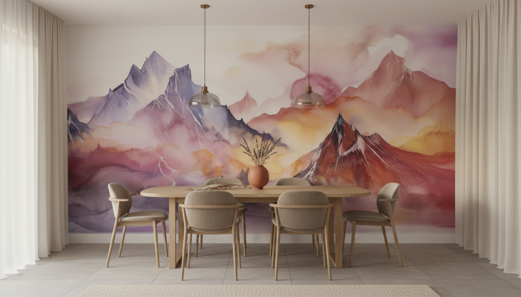 Papier peint montagnes aquarelle aux teintes pastel roses et violettes - Salle à manger