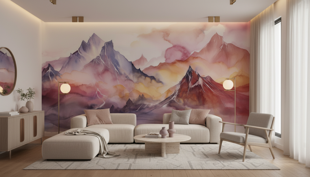 Papier peint montagnes aquarelle aux teintes pastel roses et violettes - Salon / Séjour