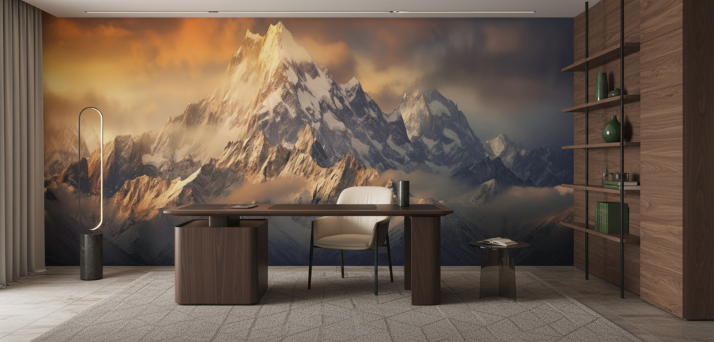 Papier Peint Montagnes Majestueuses au Coucher de Soleil Doré - Bureau