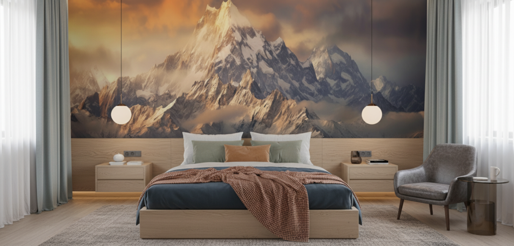 Papier Peint Montagnes Majestueuses au Coucher de Soleil Doré - Chambre adulte
