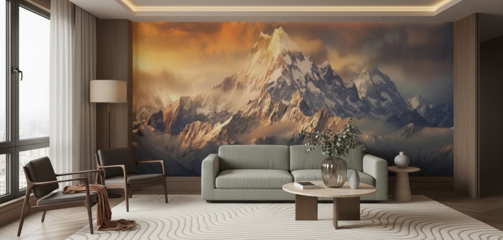 Papier Peint Montagnes Majestueuses au Coucher de Soleil Doré - Hôtel