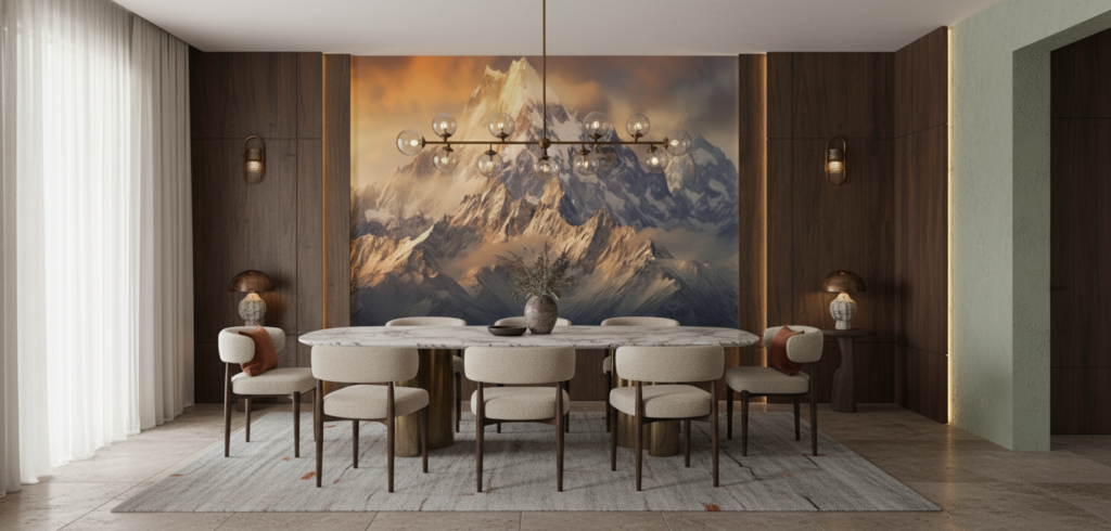 Papier Peint Montagnes Majestueuses au Coucher de Soleil Doré - Salle à manger