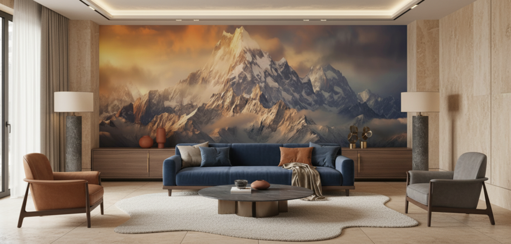 Papier Peint Montagnes Majestueuses au Coucher de Soleil Doré - Salon / Séjour