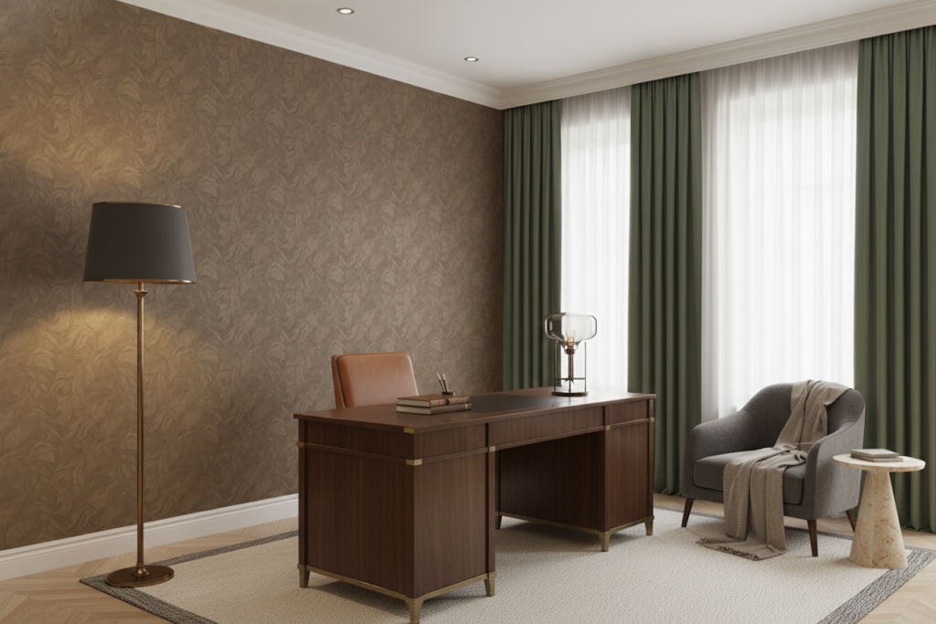 Papier peint motif végétal baroque doré ton sur ton élégant - Bureau