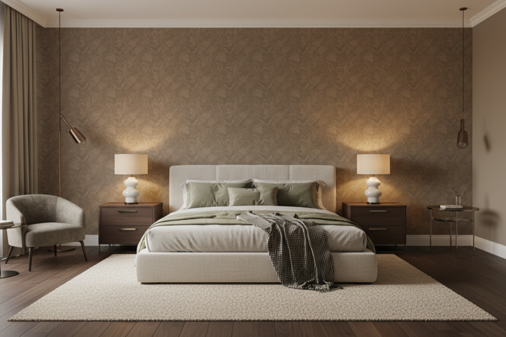 Papier peint motif végétal baroque doré ton sur ton élégant - Chambre adulte