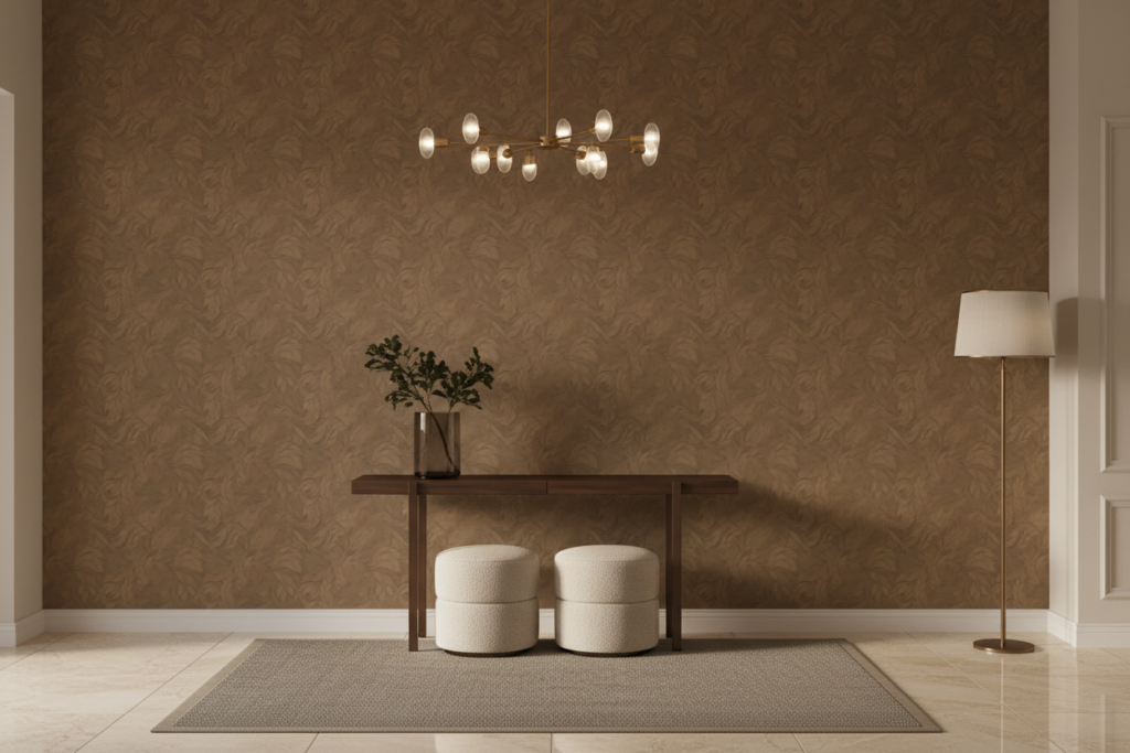 Papier peint motif végétal baroque doré ton sur ton élégant - Entrée