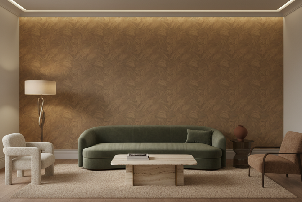 Papier peint motif végétal baroque doré ton sur ton élégant - Salon / Séjour