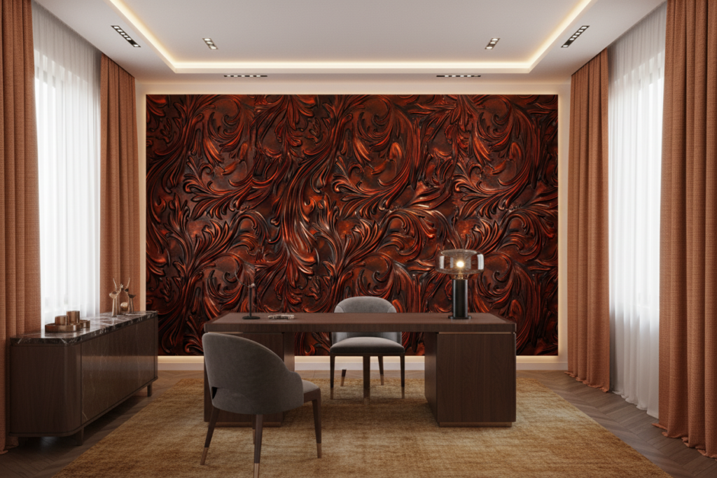 Papier peint motifs floraux abstraits bronze cuivré métallique luxueux - Bureau