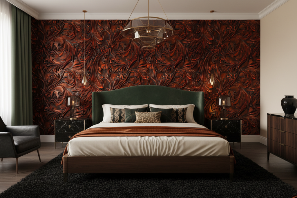 Papier peint motifs floraux abstraits bronze cuivré métallique luxueux - Chambre adulte