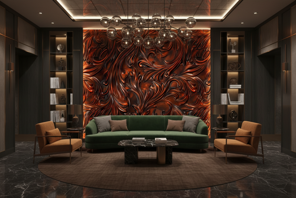 Papier peint motifs floraux abstraits bronze cuivré métallique luxueux - Hôtel