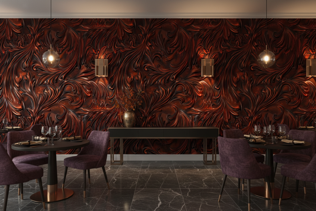 Papier peint motifs floraux abstraits bronze cuivré métallique luxueux - Restaurant