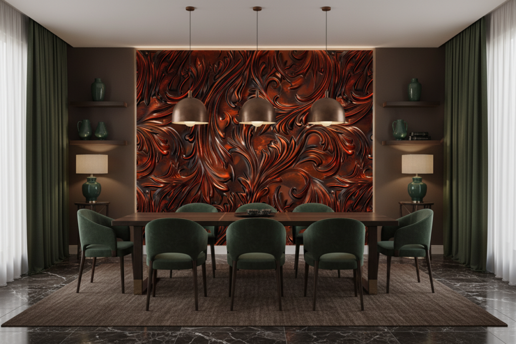 Papier peint motifs floraux abstraits bronze cuivré métallique luxueux - Salle à manger