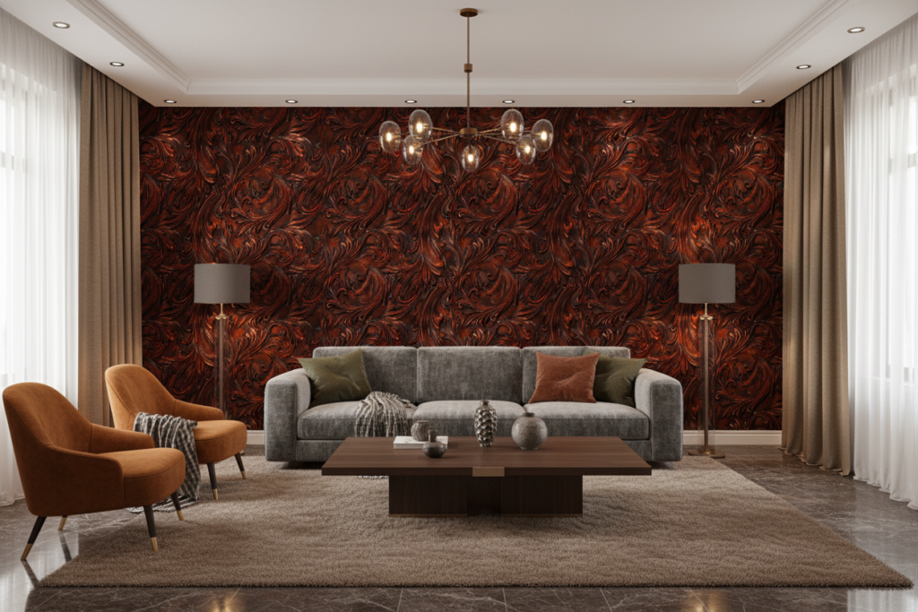 Papier peint motifs floraux abstraits bronze cuivré métallique luxueux - Salon / Séjour