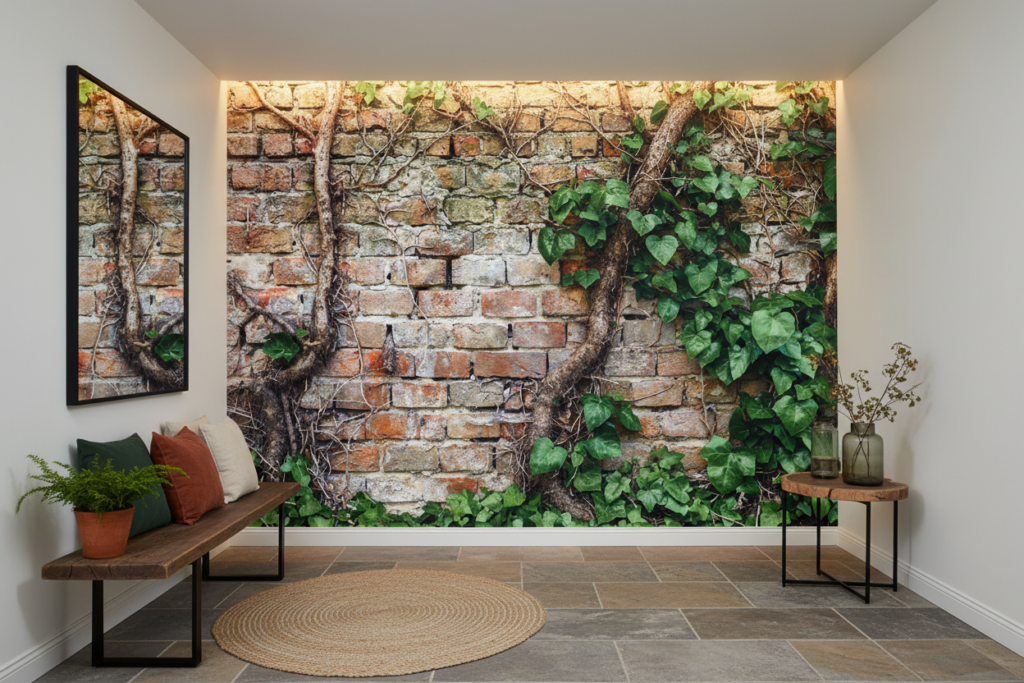 Papier Peint Mur de Briques Anciennes avec Végétation Luxuriante - Couloir