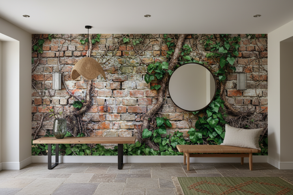 Papier Peint Mur de Briques Anciennes avec Végétation Luxuriante - Entrée