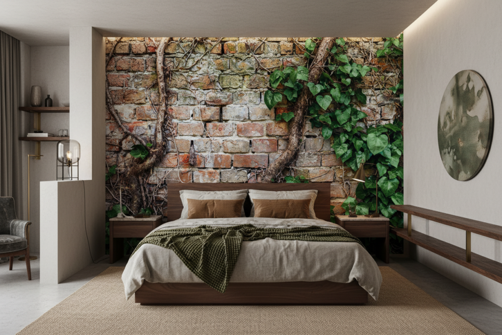 Papier Peint Mur de Briques Anciennes avec Végétation Luxuriante - Hôtel