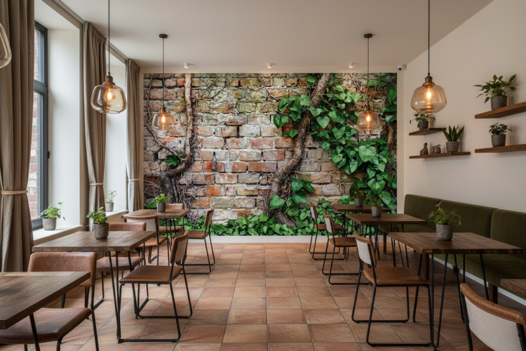 Papier Peint Mur de Briques Anciennes avec Végétation Luxuriante - Restaurant