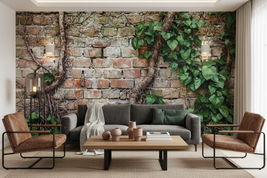 Papier Peint Mur de Briques Anciennes avec Végétation Luxuriante - Salon / Séjour