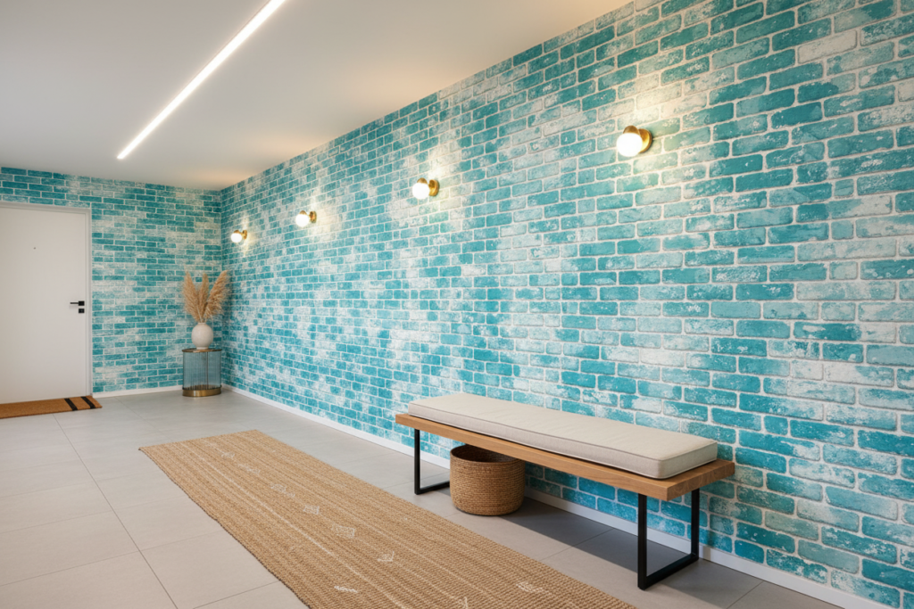 Papier peint mur de briques turquoise vintage effet patiné - Couloir