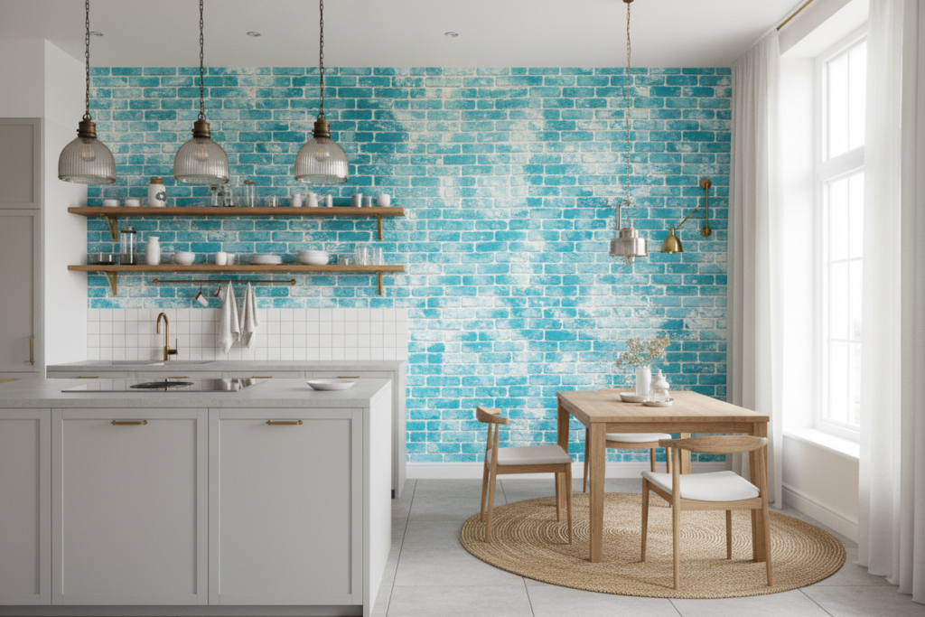 Papier peint mur de briques turquoise vintage effet patiné - Cuisine