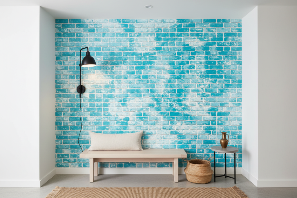Papier peint mur de briques turquoise vintage effet patiné - Entrée