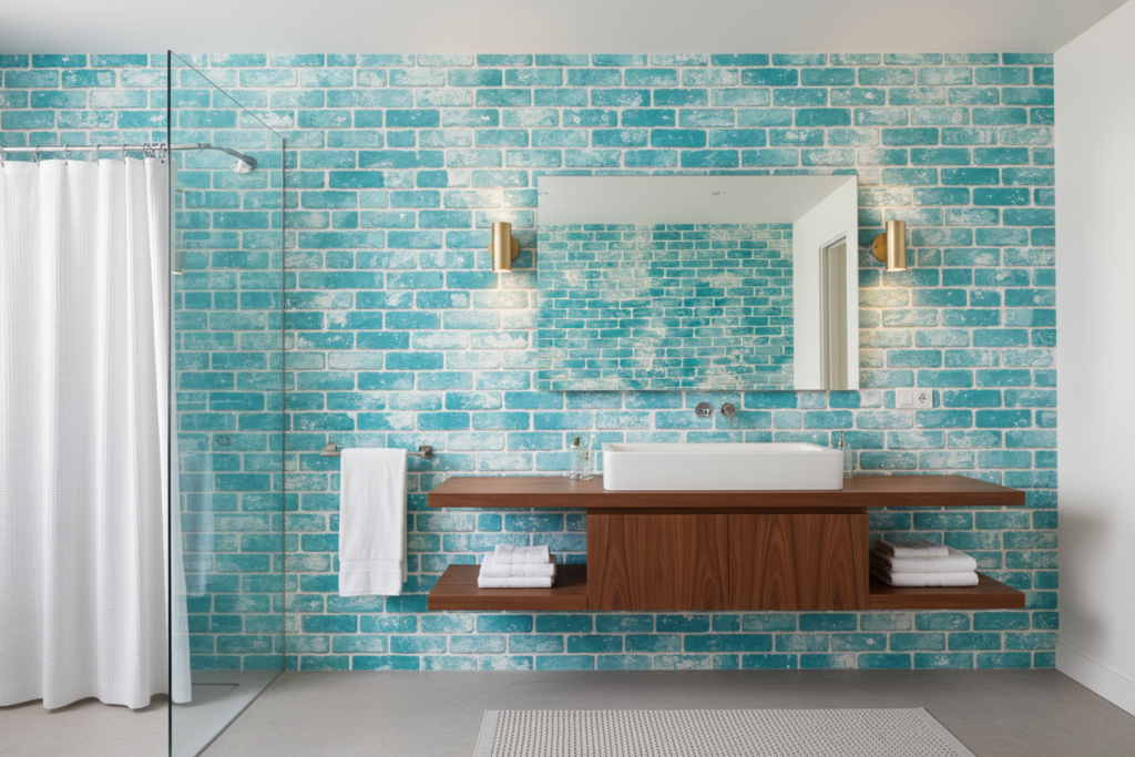Papier peint mur de briques turquoise vintage effet patiné - Salle de bain