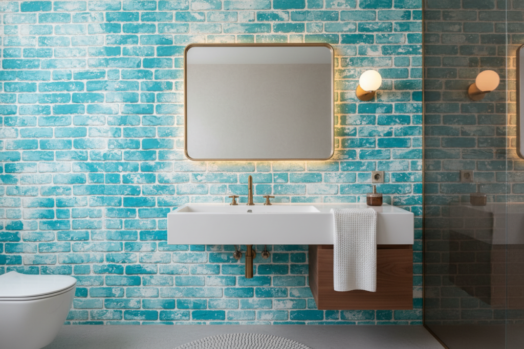 Papier peint mur de briques turquoise vintage effet patiné - WC / Toilettes