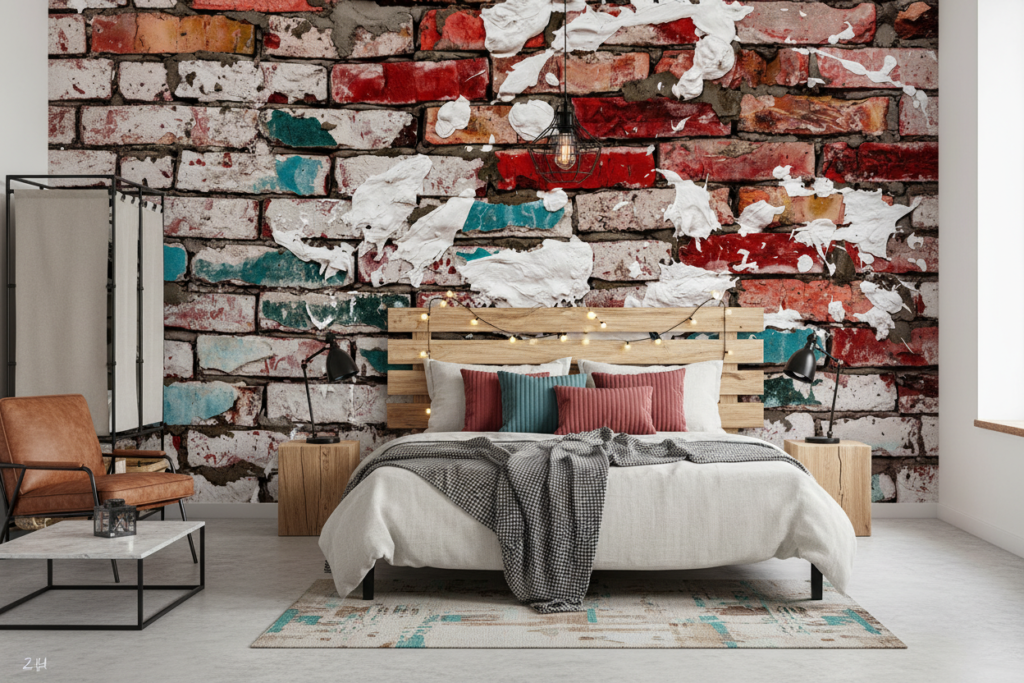 Papier peint mur de briques vintage aux couleurs éclatées - Chambre ado