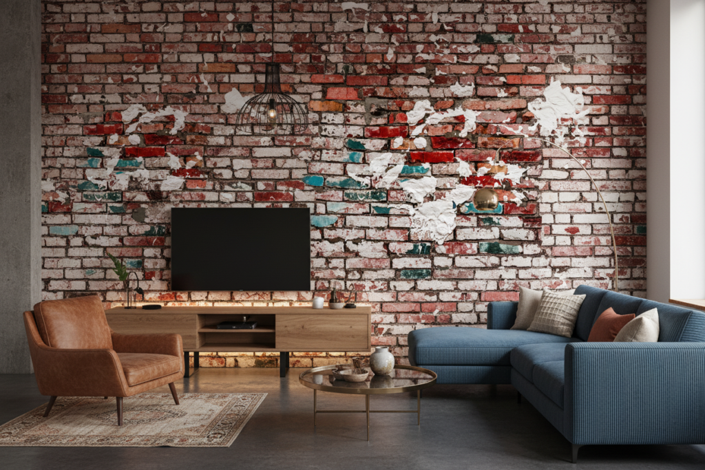 Papier peint mur de briques vintage aux couleurs éclatées - Salon / Séjour