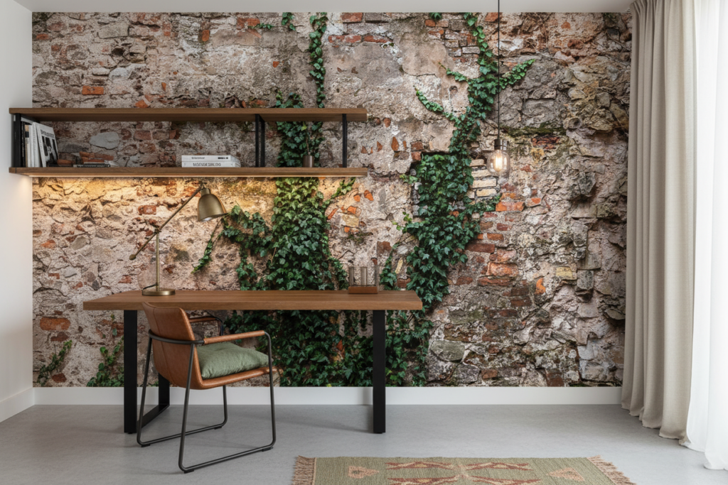 Papier Peint Mur de Pierre Ancien avec Lierre Grimpant Naturel - Bureau